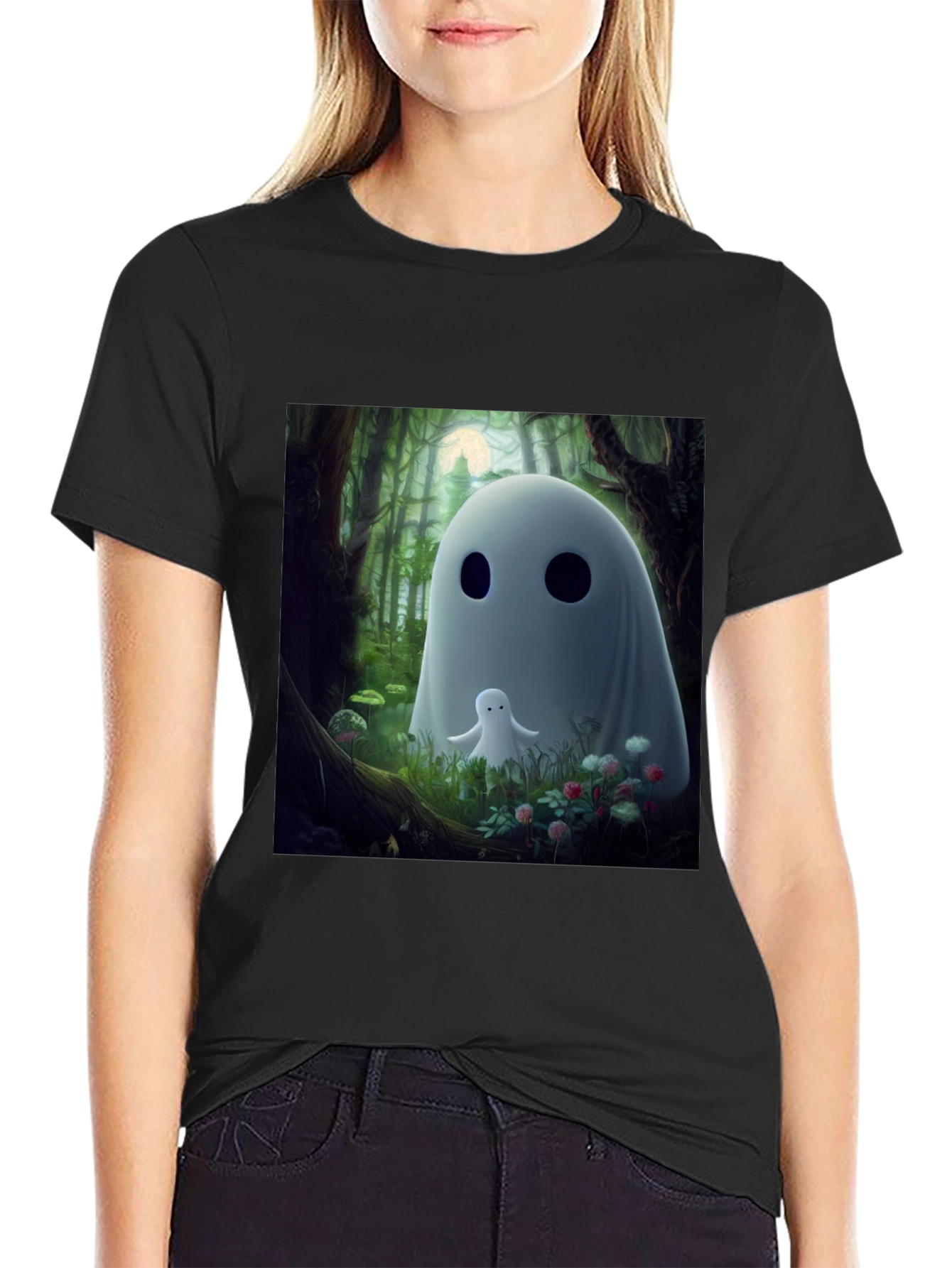 Cute Ghost Graphic Black T-Shirt