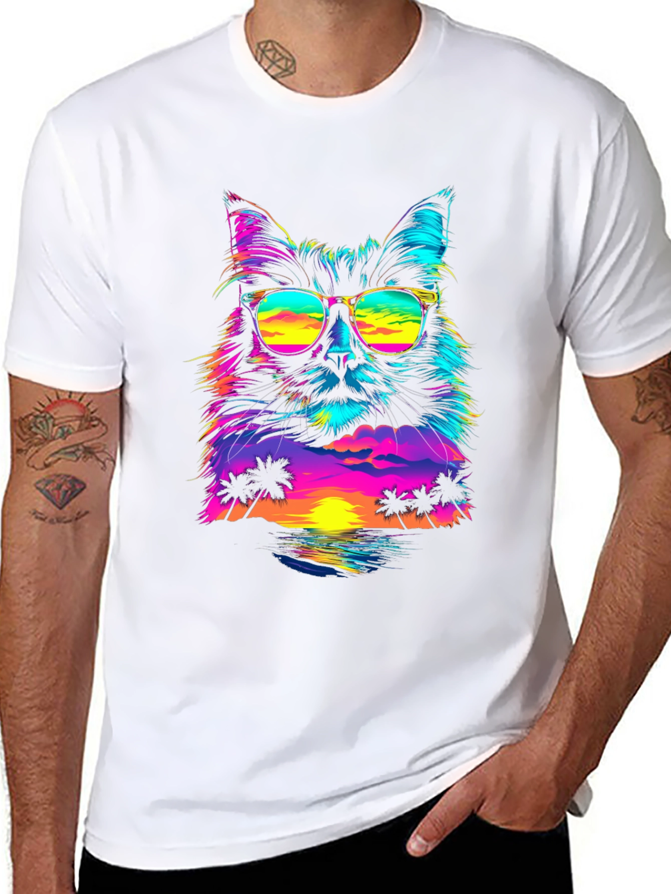 Retro Sunset Cat T-Shirt - Vibrant Graphic Tee