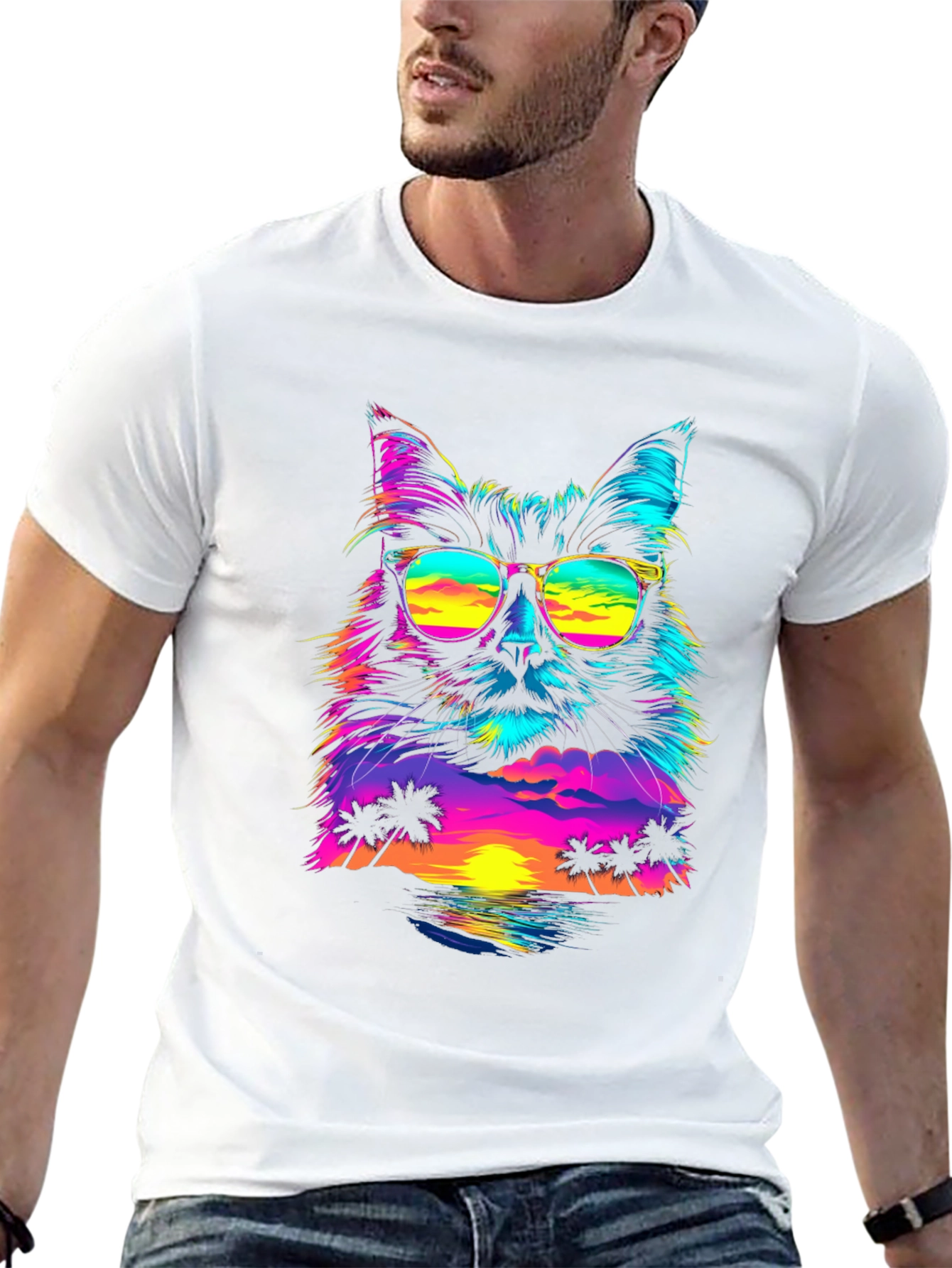 Retro Sunset Cat T-Shirt - Vibrant Graphic Tee