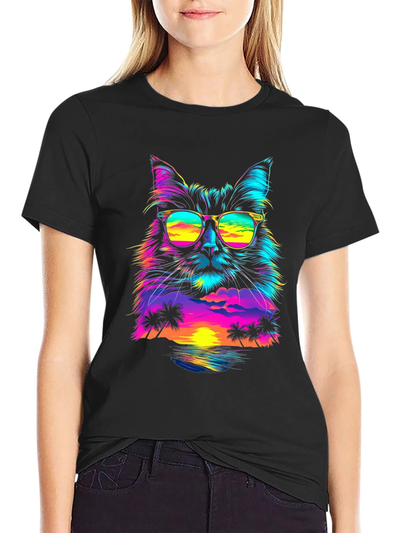 Retro Sunset Cat T-Shirt - Vibrant Graphic Tee