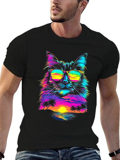 Retro Sunset Cat T-Shirt - Vibrant Graphic Tee