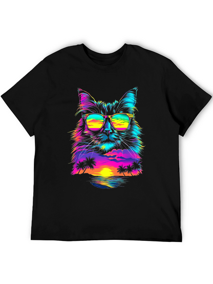 Retro Sunset Cat T-Shirt - Vibrant Graphic Tee