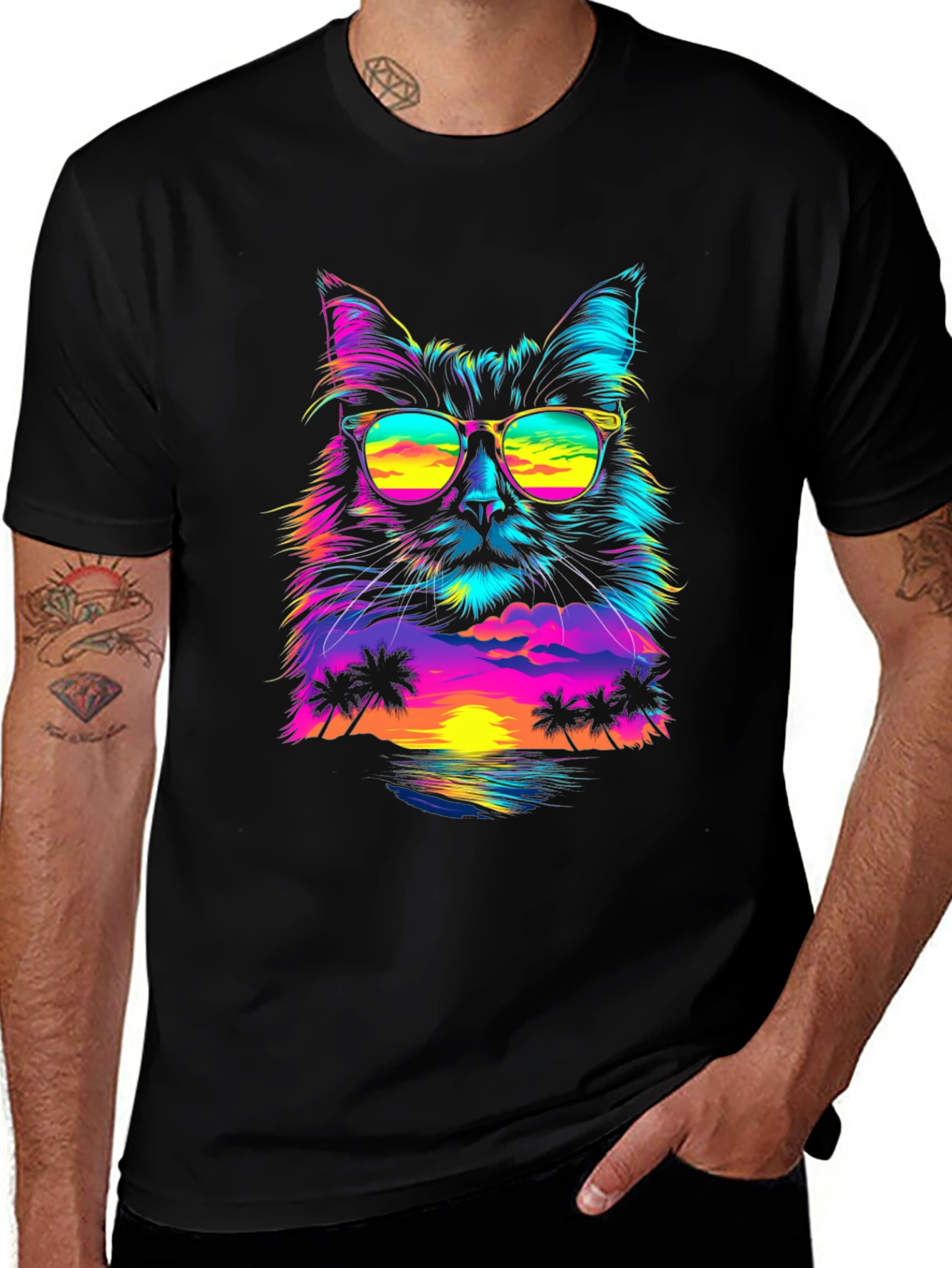 Retro Sunset Cat T-Shirt - Vibrant Graphic Tee
