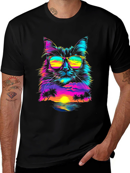 Retro Sunset Cat T-Shirt - Vibrant Graphic Tee