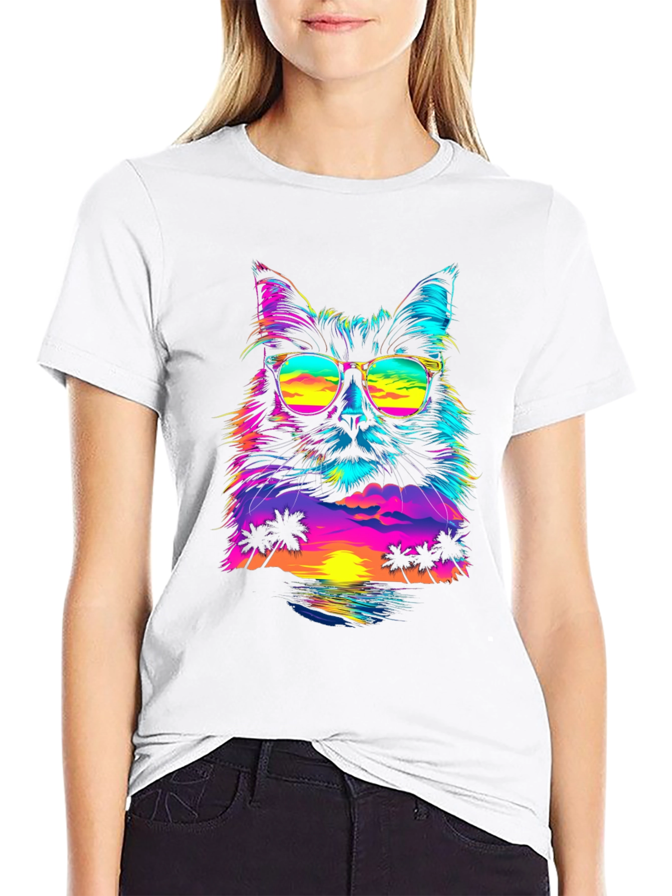 Retro Sunset Cat T-Shirt - Vibrant Graphic Tee