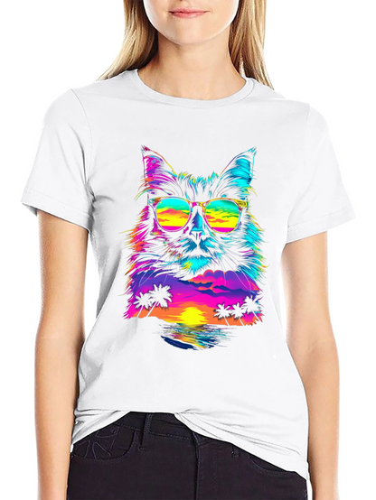 Retro Sunset Cat T-Shirt - Vibrant Graphic Tee