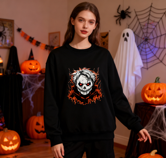 Horror-Themed Skull Graphic Crewneck with Dripping Effects