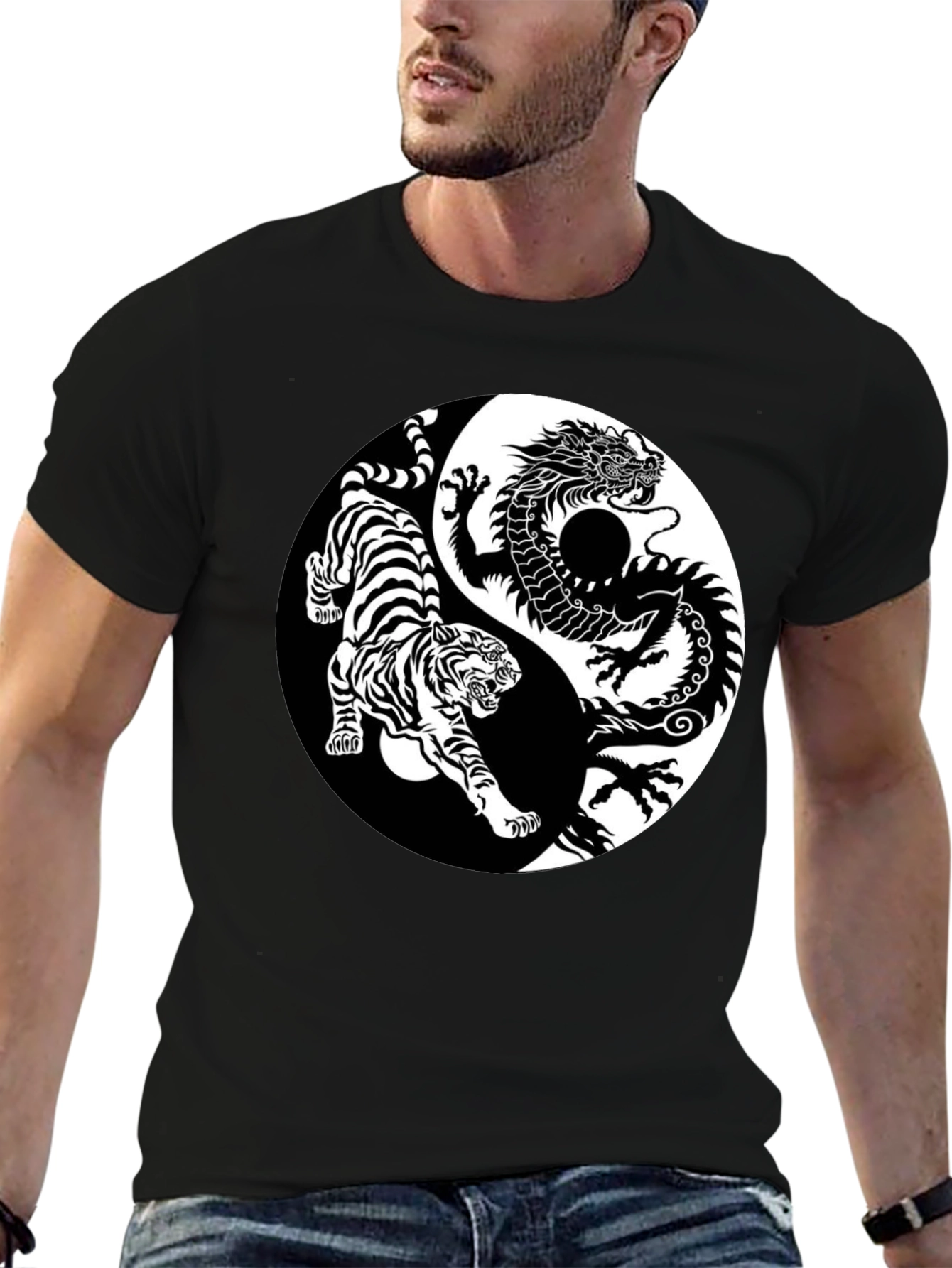 Yin Yang Dragon Tiger Graphic Tee - Black