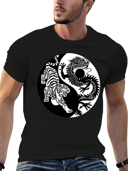 Yin Yang Dragon Tiger Graphic Tee - Black