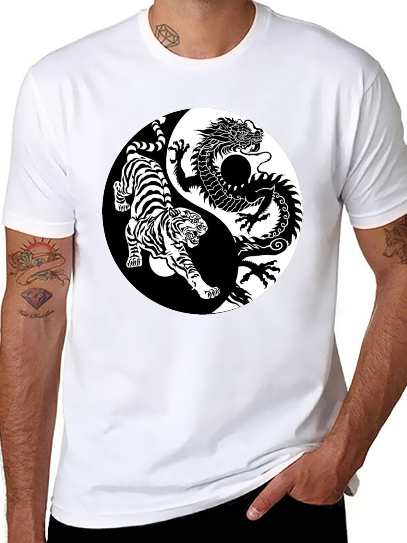 Yin Yang Dragon Tiger Graphic Tee - Black