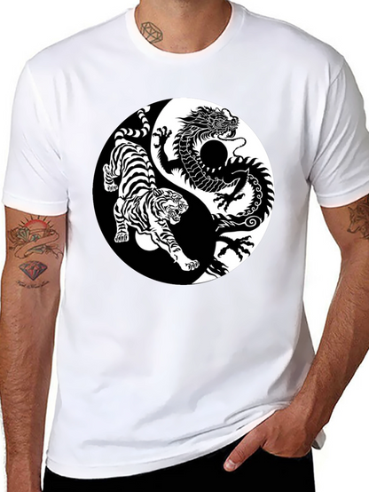 Yin Yang Dragon Tiger Graphic Tee - Black