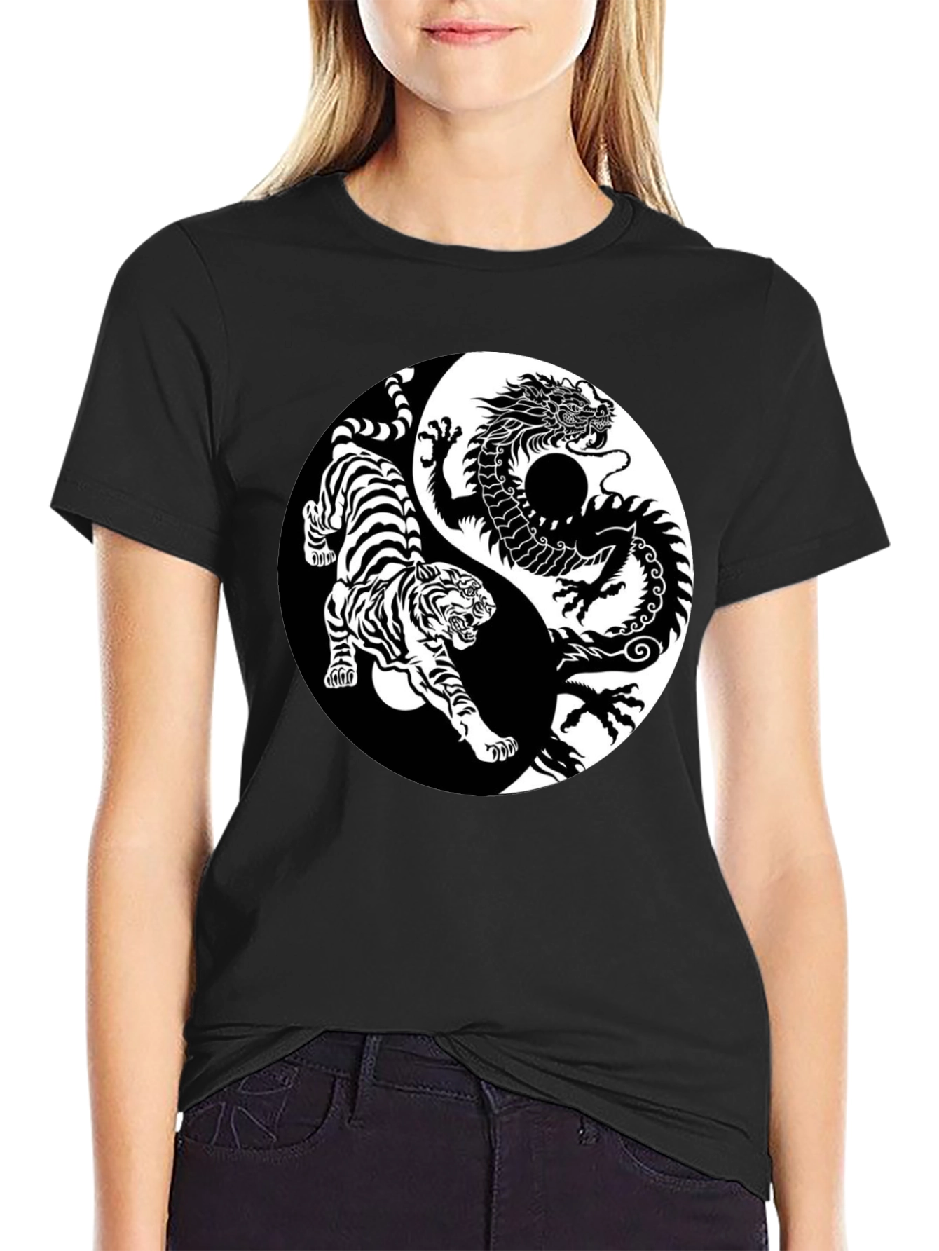 Yin Yang Dragon Tiger Graphic Tee - Black