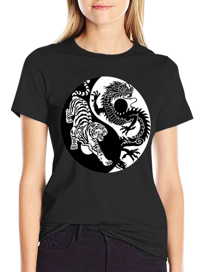 Yin Yang Dragon Tiger Graphic Tee - Black