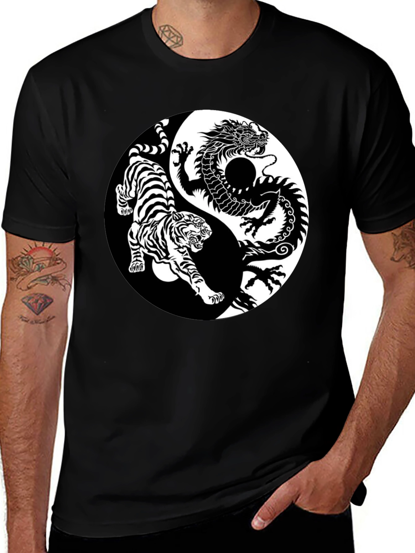 Yin Yang Dragon Tiger Graphic Tee - Black