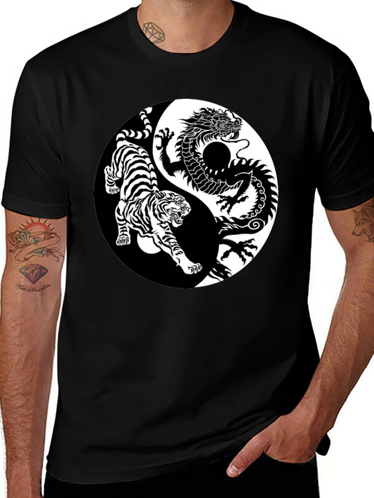 Yin Yang Dragon Tiger Graphic Tee - Black