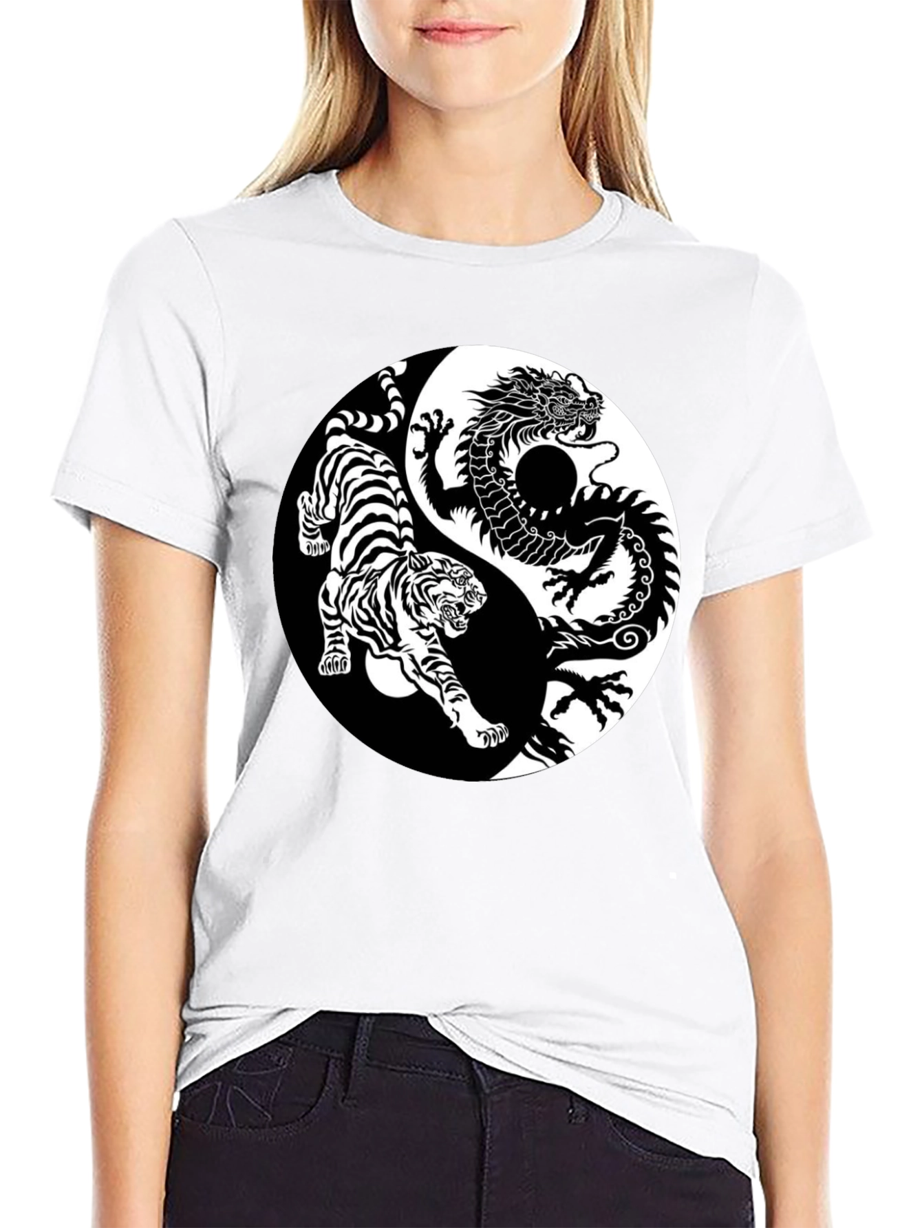 Yin Yang Dragon Tiger Graphic Tee - Black