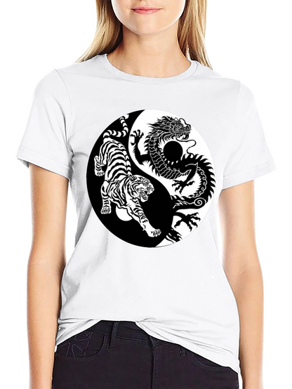 Yin Yang Dragon Tiger Graphic Tee - Black