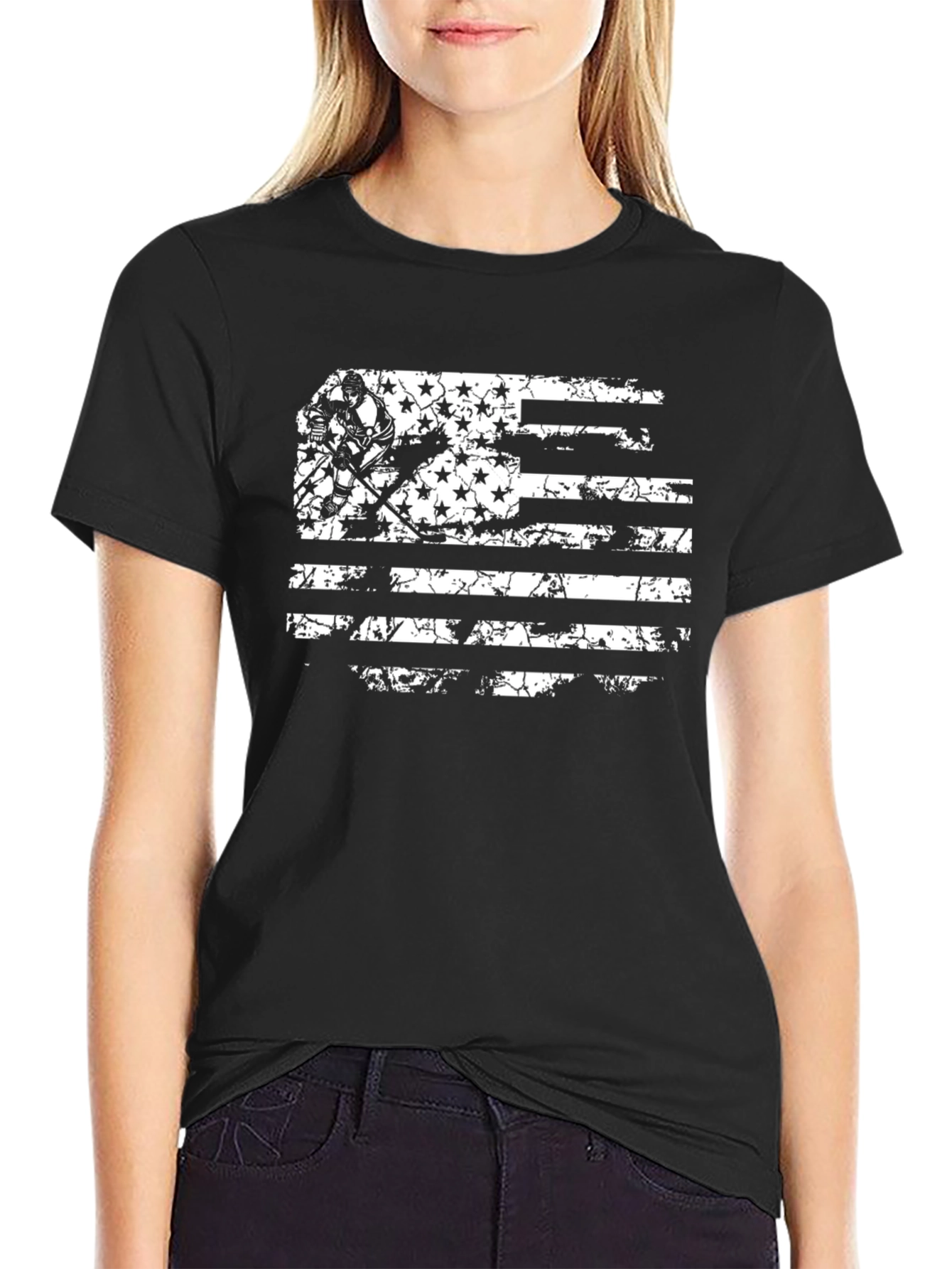 Distressed Hockey Flag Graphic Tee - Black