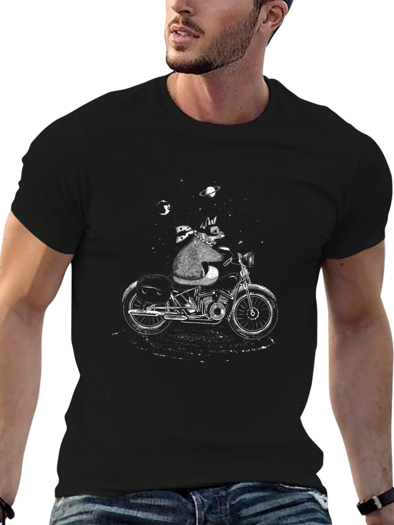 Cool Cat Biker Graphic T-Shirt - Black