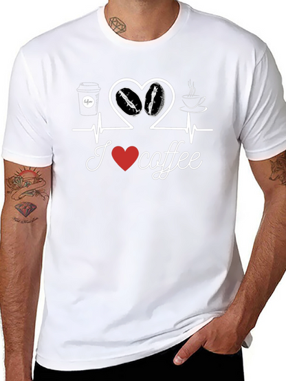 I Love Coffee T-Shirt Heartbeat Design Casual Cotton Tee