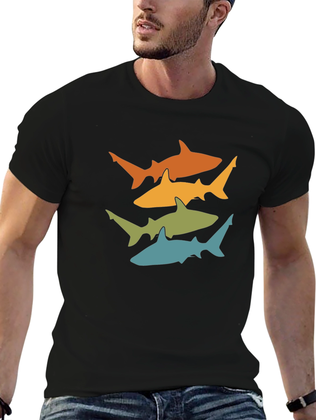 Retro Shark Tee - Black Cotton Graphic T-Shirt