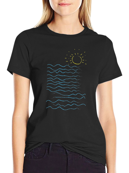 Ocean Waves Graphic Tee - Black Cotton Summer Shirt