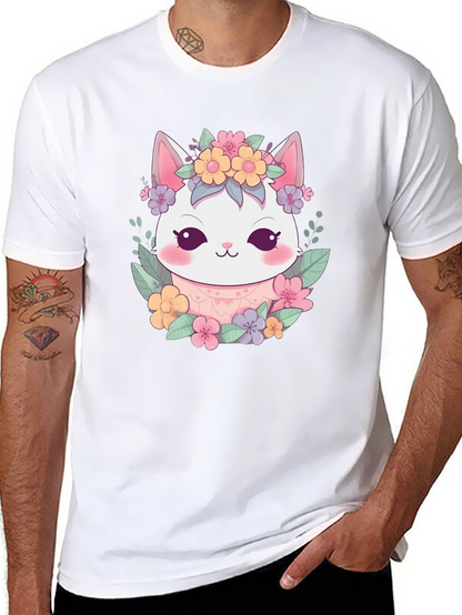 Kawaii Cat Floral Crown Black T-Shirt