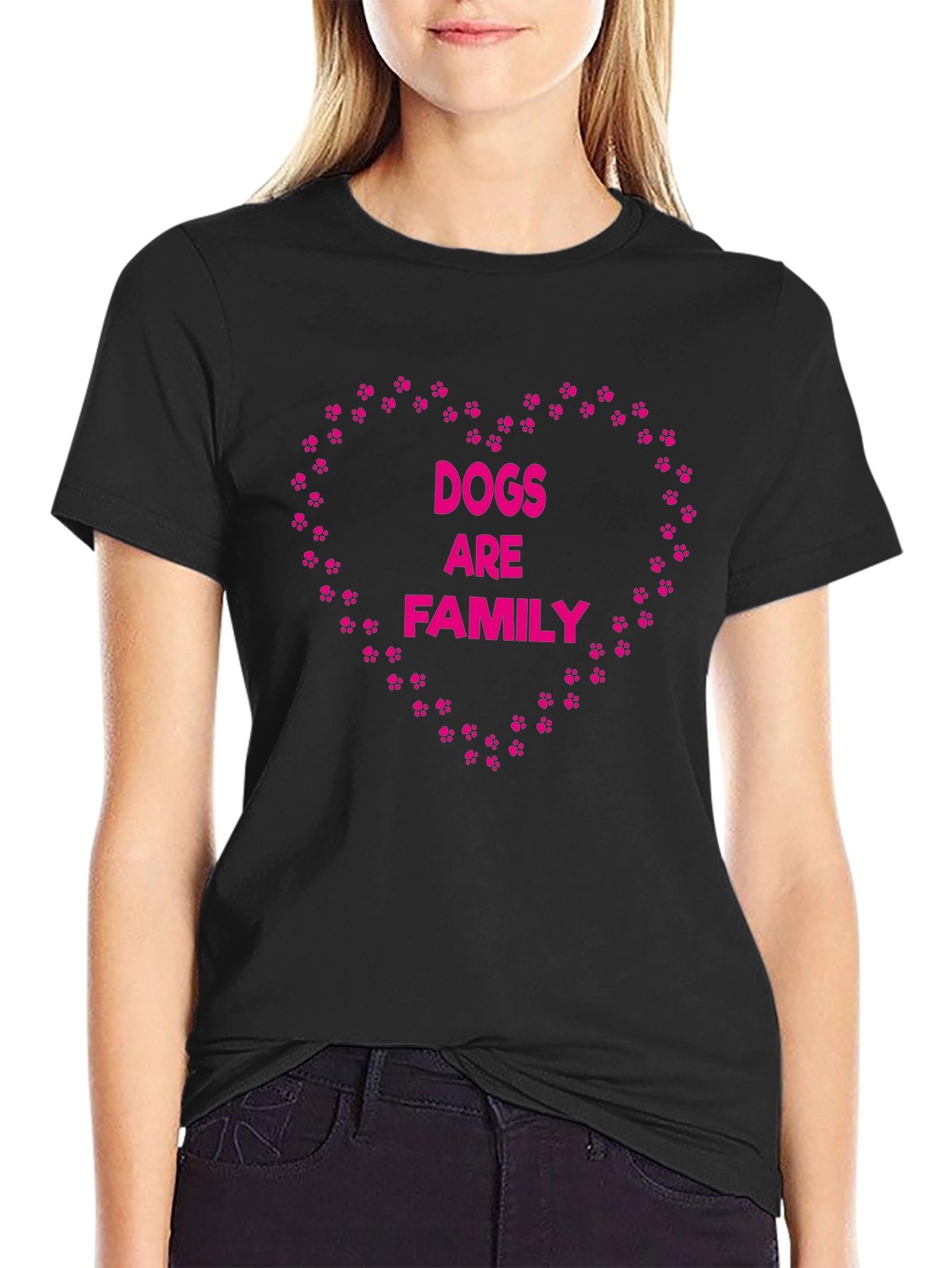 Dogs Are Family Paw Print Heart Black T-Shirt