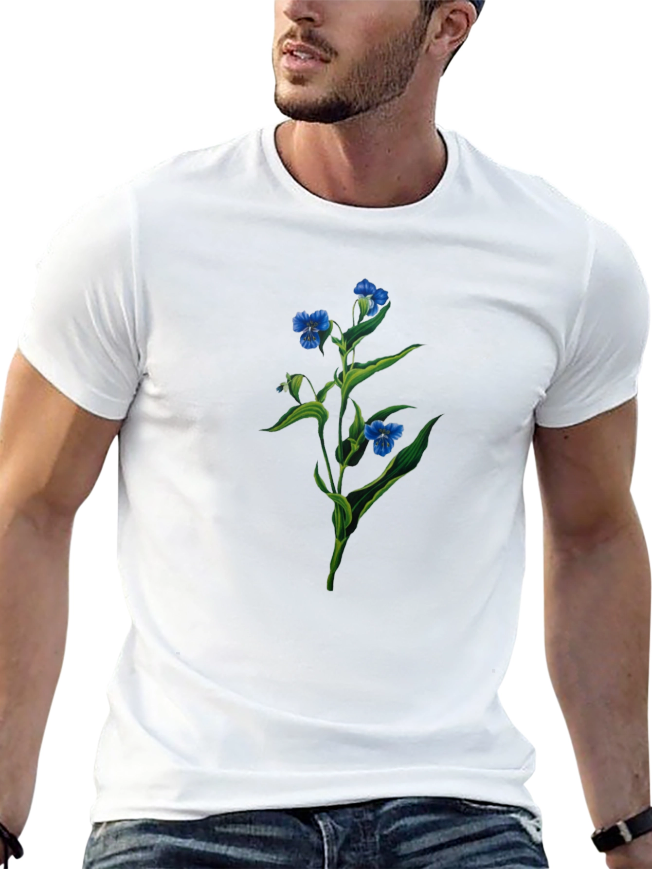 Floral Print T-Shirt - Botanical Blue Flowers
