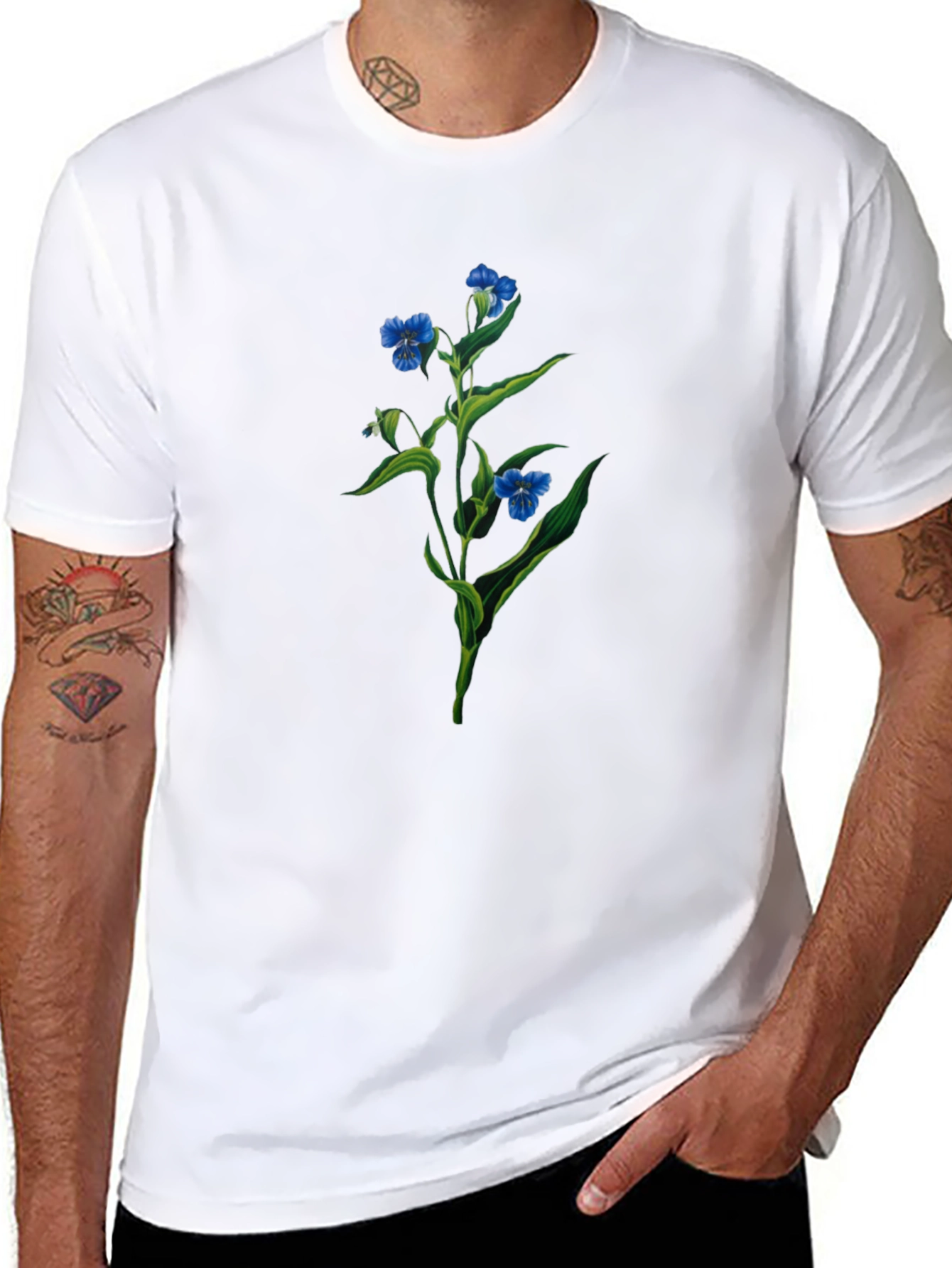 Floral Print T-Shirt - Botanical Blue Flowers