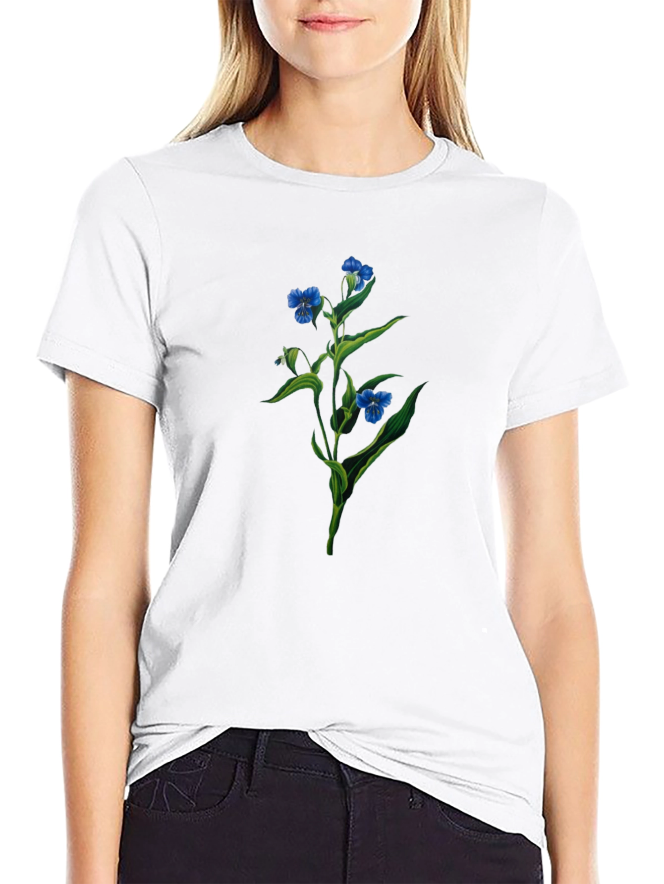 Floral Print T-Shirt - Botanical Blue Flowers