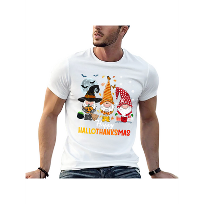 Happy HalloThanksMas Gnome T-Shirt - 100% Cotton, Festive Tee for Halloween, Thanksgiving & Christmas Celebrations