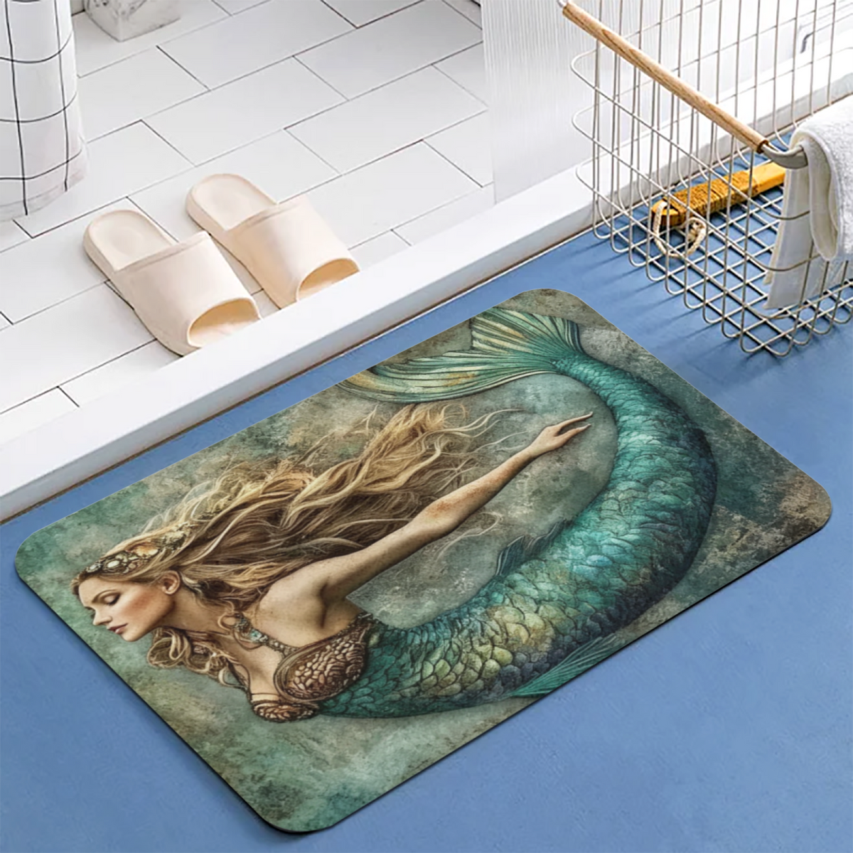 Vintage Mermaid Diatomite Mat£üVintage Distressed Mermaid Diatomite Mat, Absorbent Quick Dry Bathroom Non?Slip Floor Mat for Shower Entryway