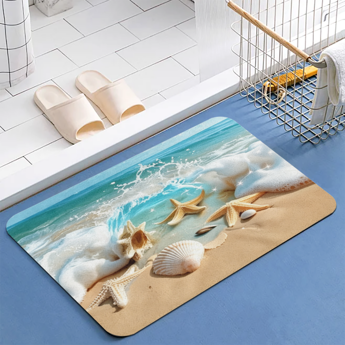 Beach Shell Starfish Ocean£üBeach Seashell Starfish Ocean Scenery Diatomite Mat, Coastal Style Absorbent Non?Slip Bathroom Floor Rug