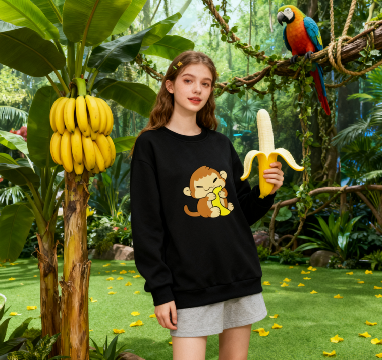 Cute Monkey Eating Banana Graphic Crewneck Sweatshirt
