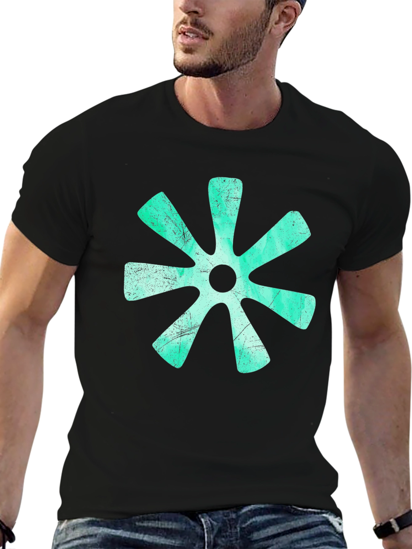 Aqua Floral Graphic Print Black T-Shirt