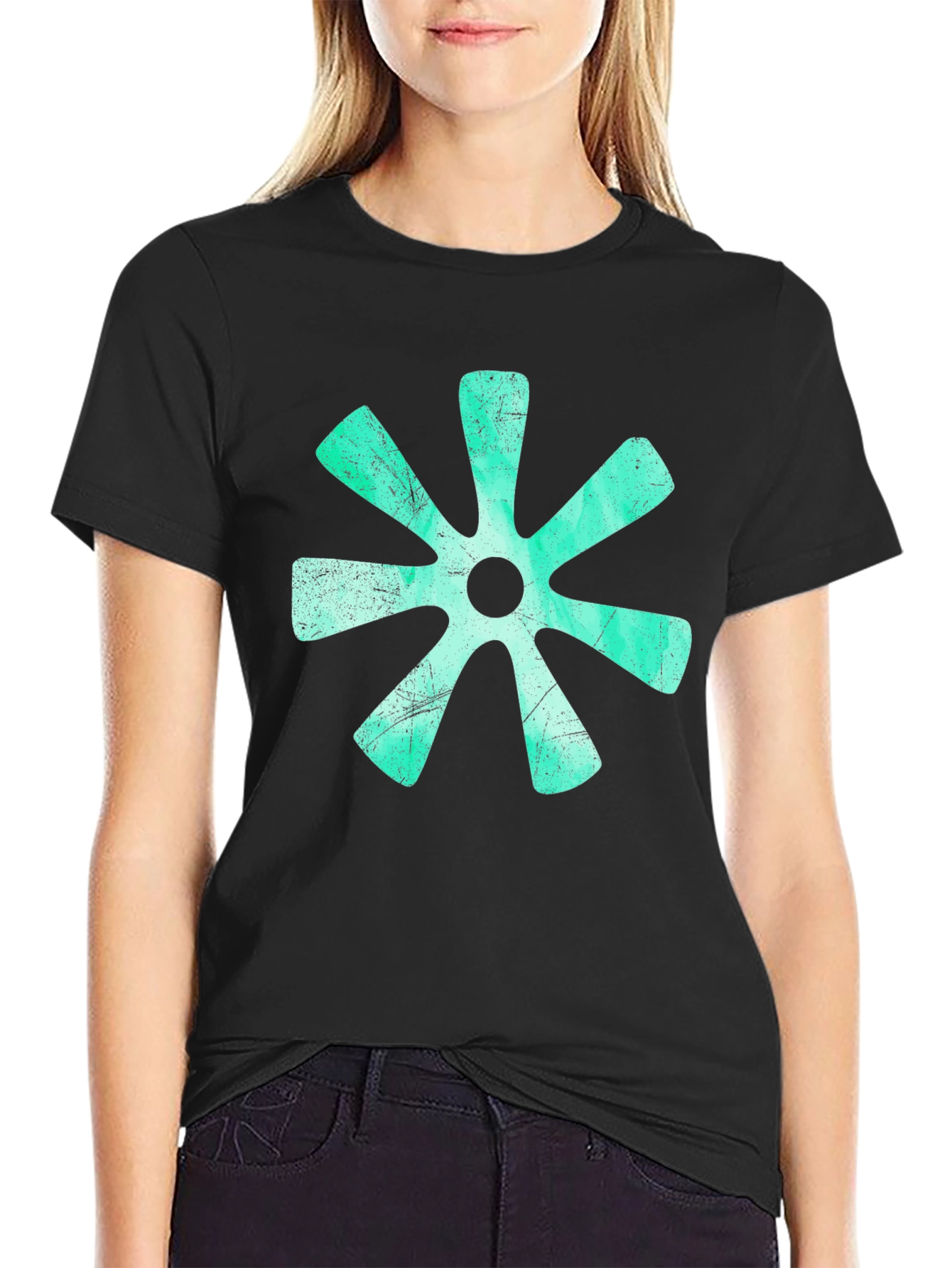 Aqua Floral Graphic Print Black T-Shirt