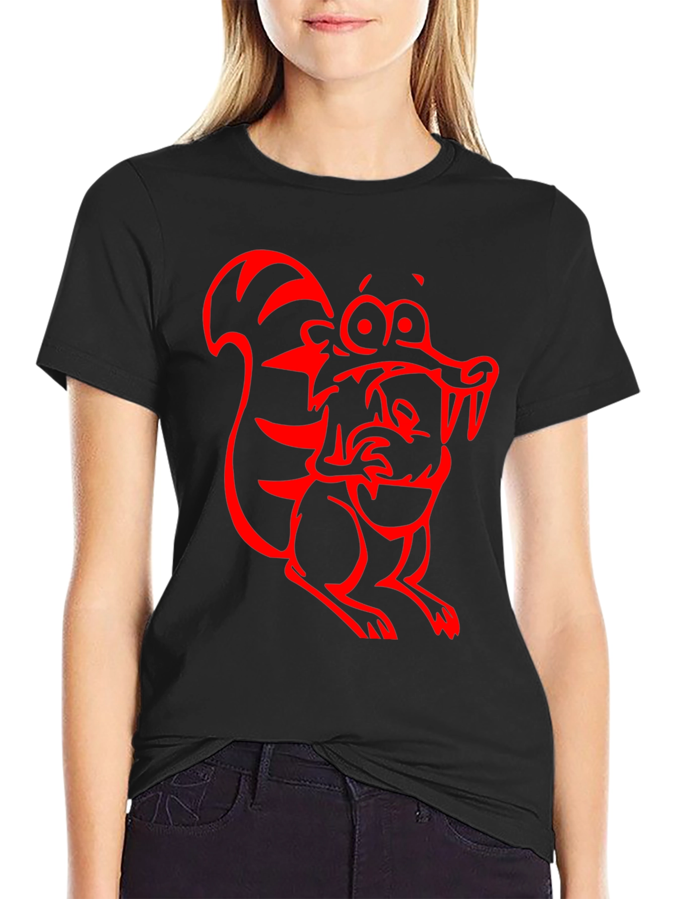 Cartoon Squirrel Graphic Tee - Black