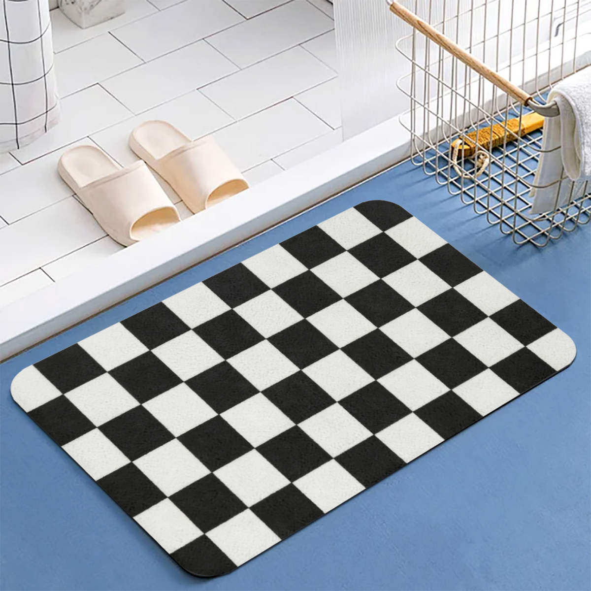 Black White Checkerboard£üClassic Black White Checkerboard Diatomite Mat, Ins Style Quick?Dry Non?Slip Absorbent Bathroom Entry Rug