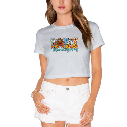 Happy Thanksgiving Colorful Pattern Letter Turkey Sunflower Crop Top