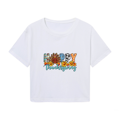 Happy Thanksgiving Colorful Pattern Letter Turkey Sunflower Crop Top