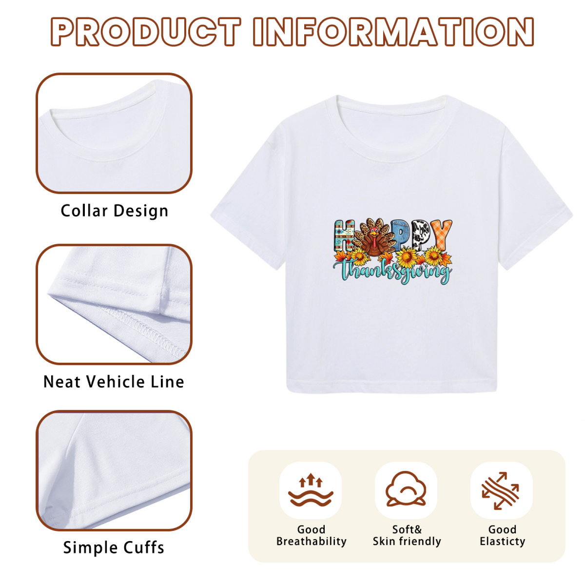 Happy Thanksgiving Colorful Pattern Letter Turkey Sunflower Crop Top