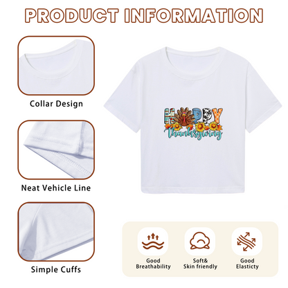 Happy Thanksgiving Colorful Pattern Letter Turkey Sunflower Crop Top