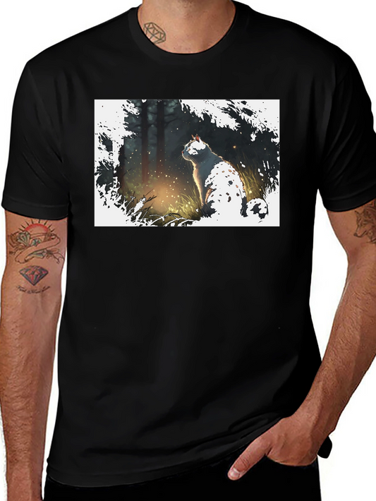 Cat in Forest Black T-Shirt