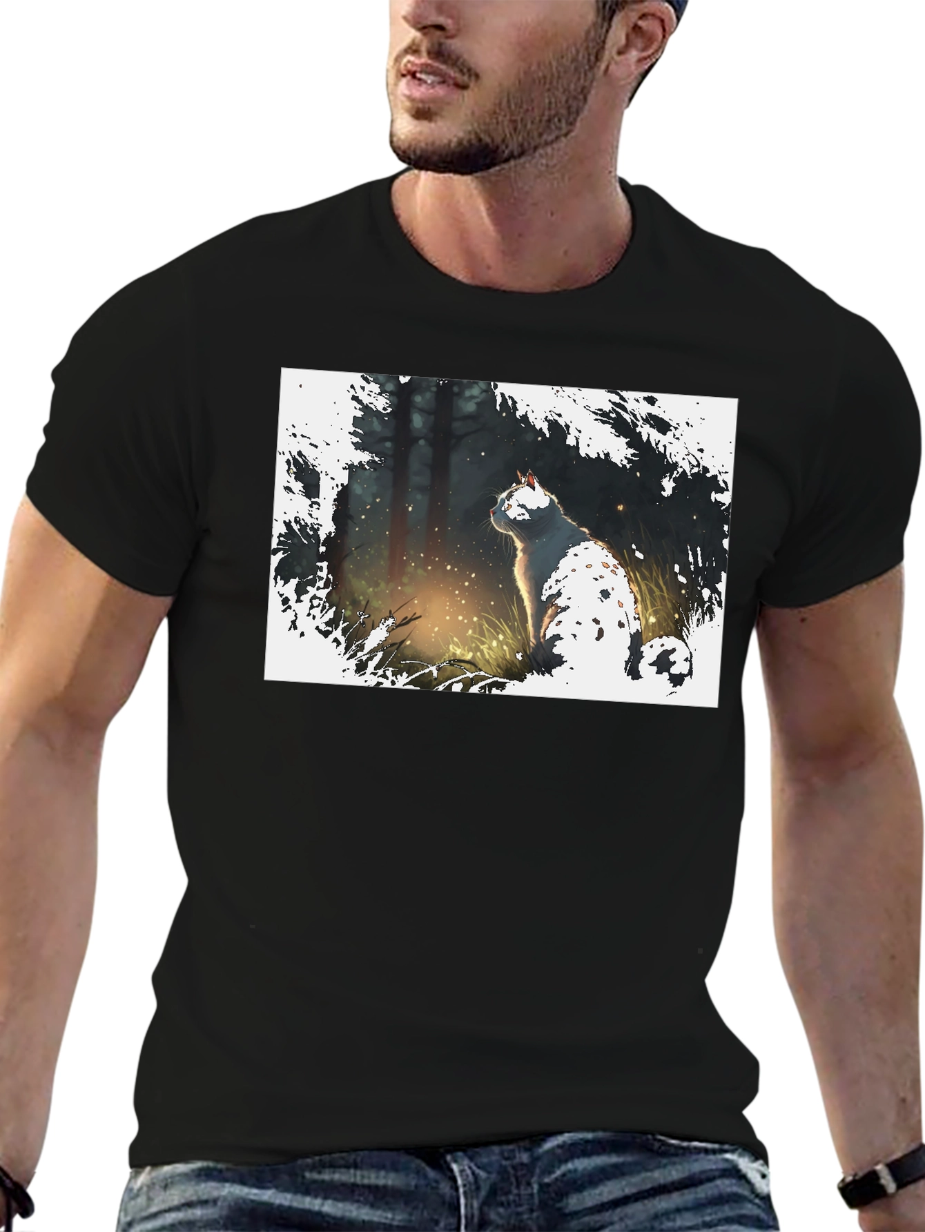 Cat in Forest Black T-Shirt