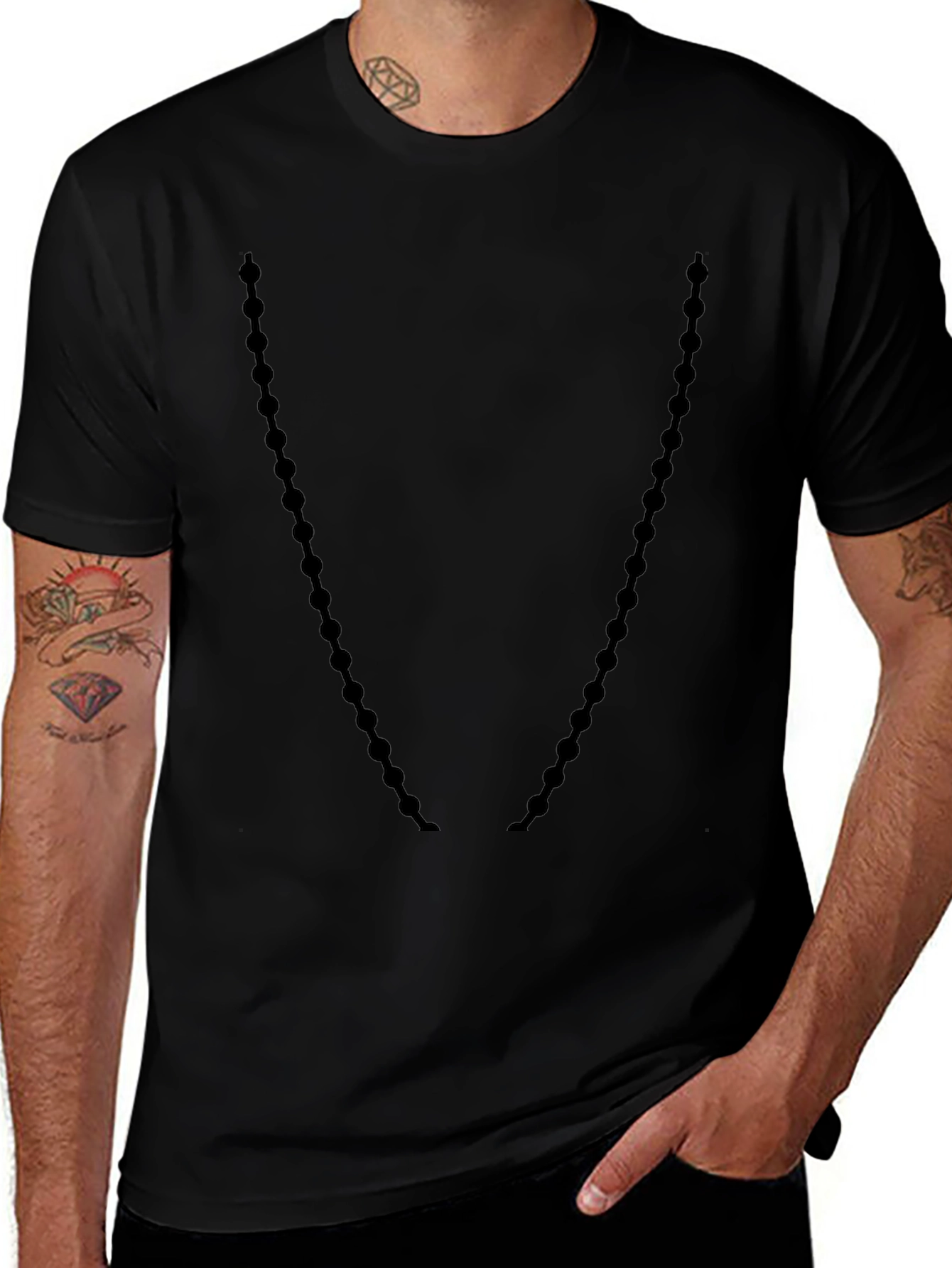 Mens Black Crewneck T-Shirt with Beaded Necklace Design