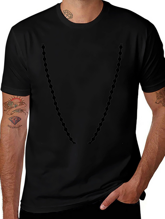 Mens Black Crewneck T-Shirt with Beaded Necklace Design