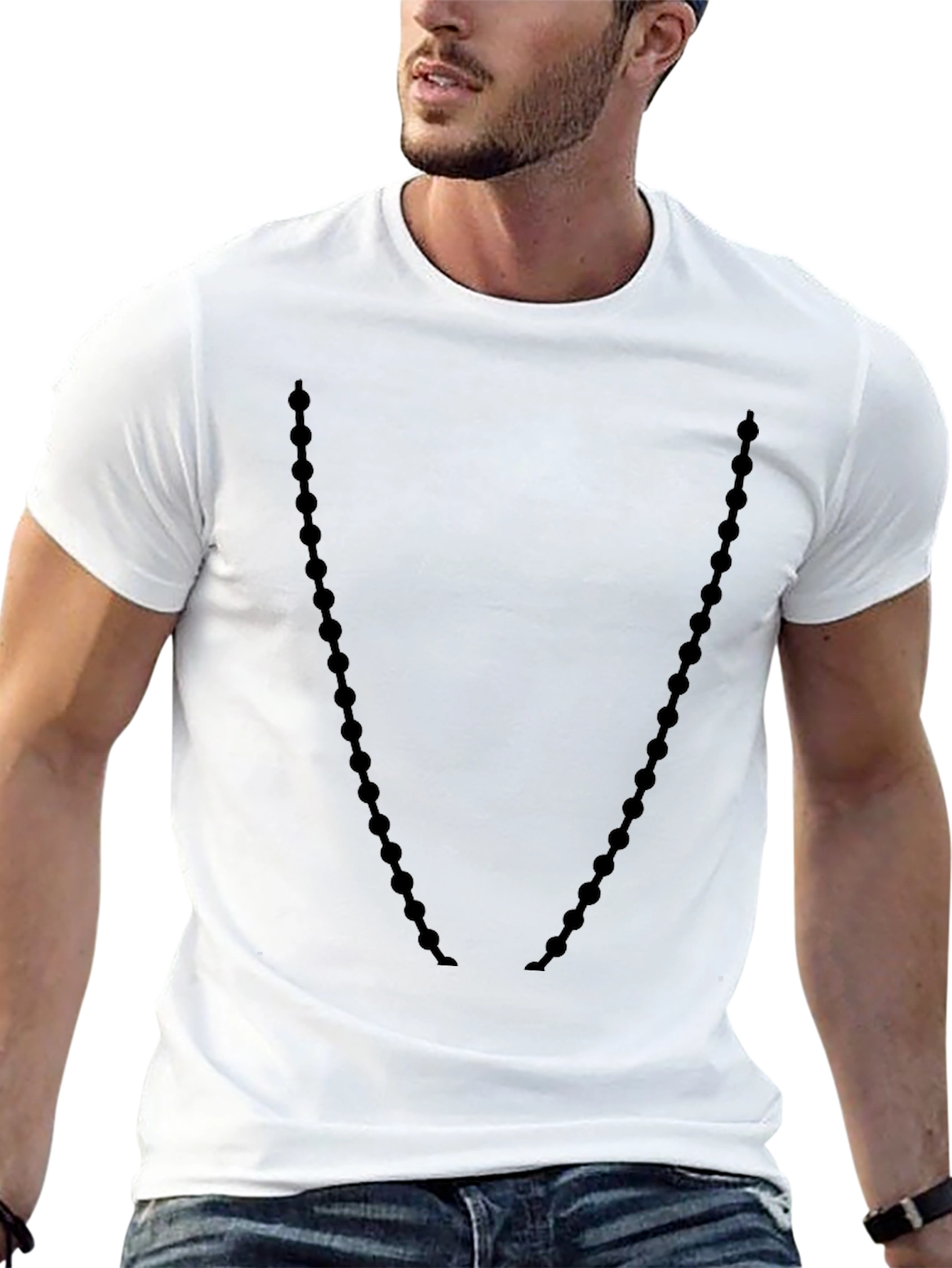 Mens Black Crewneck T-Shirt with Beaded Necklace Design
