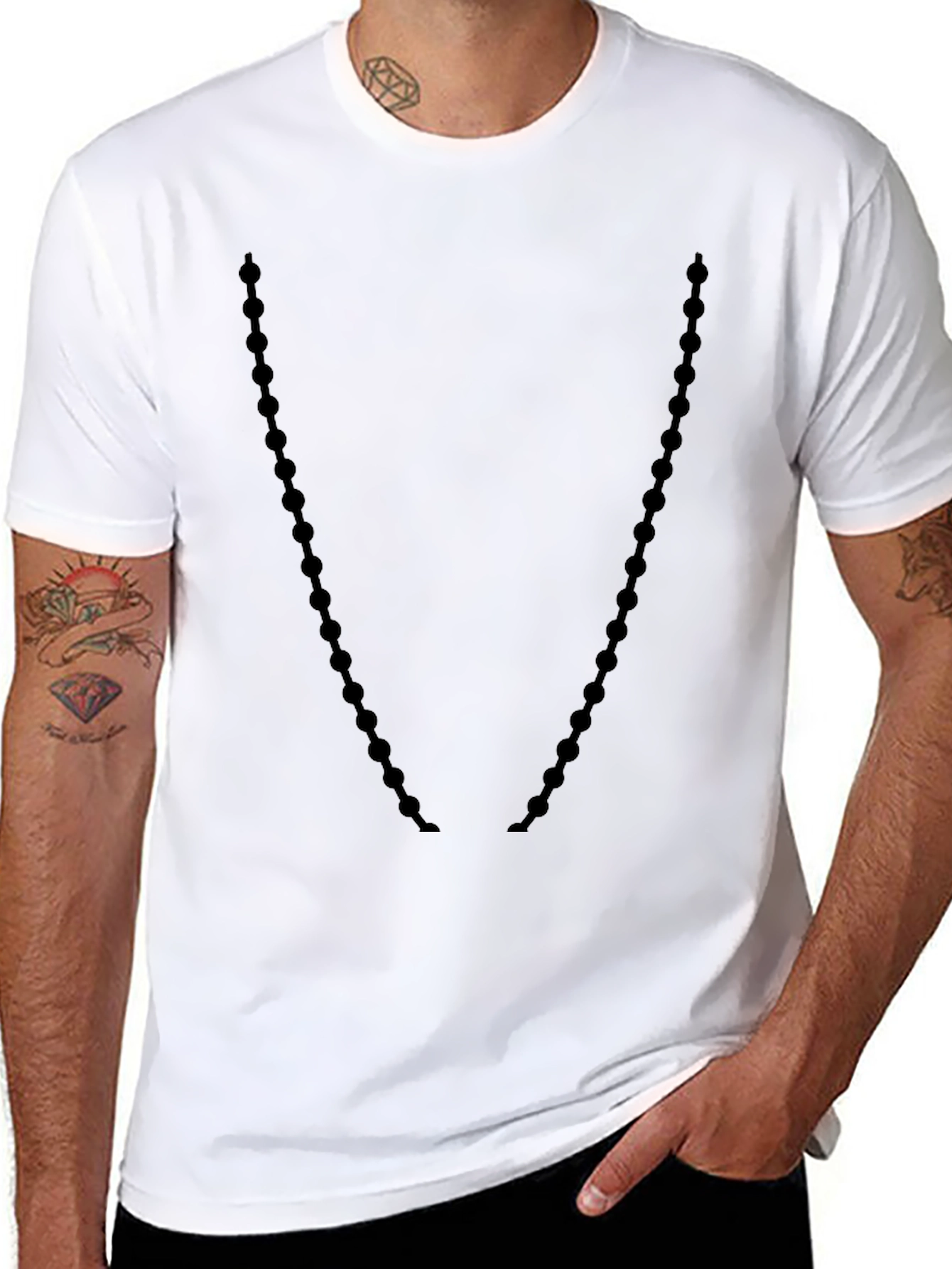 Mens Black Crewneck T-Shirt with Beaded Necklace Design
