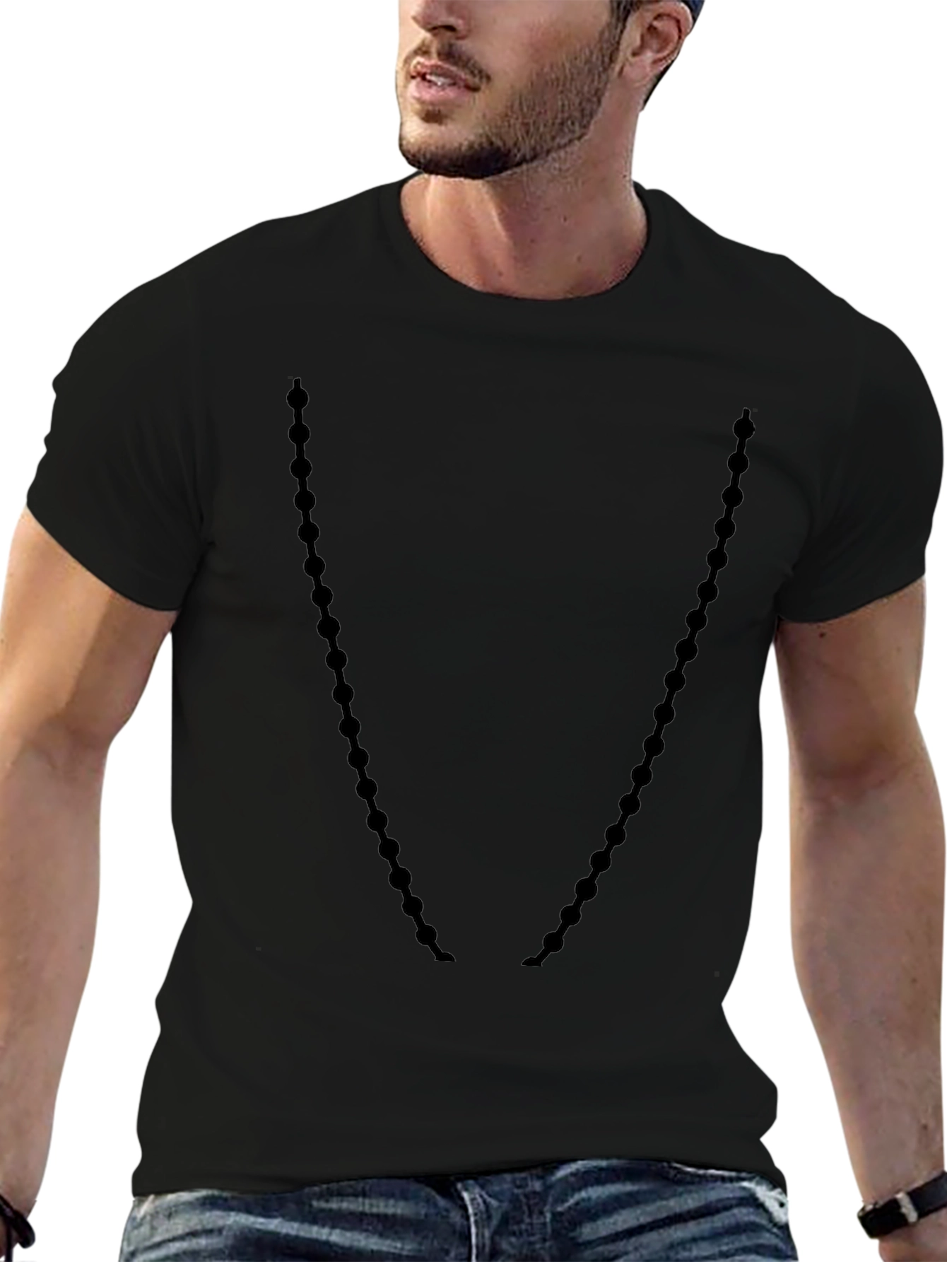 Mens Black Crewneck T-Shirt with Beaded Necklace Design